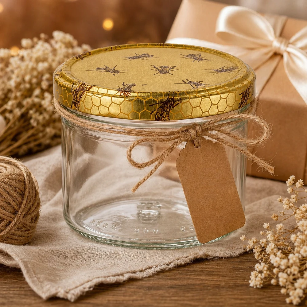 300g honingpot met decoratief deksel met bijenmotief, geschenkverpakking en rustieke presentatie op hout