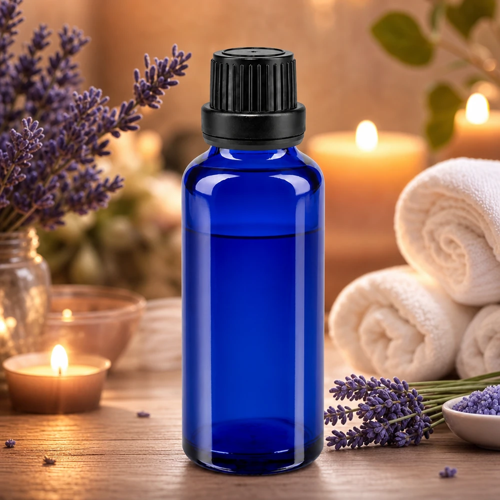 Kleine blauwe glazen fles van 30 ml met druppeldispenser voor oliën, tincturen en essences