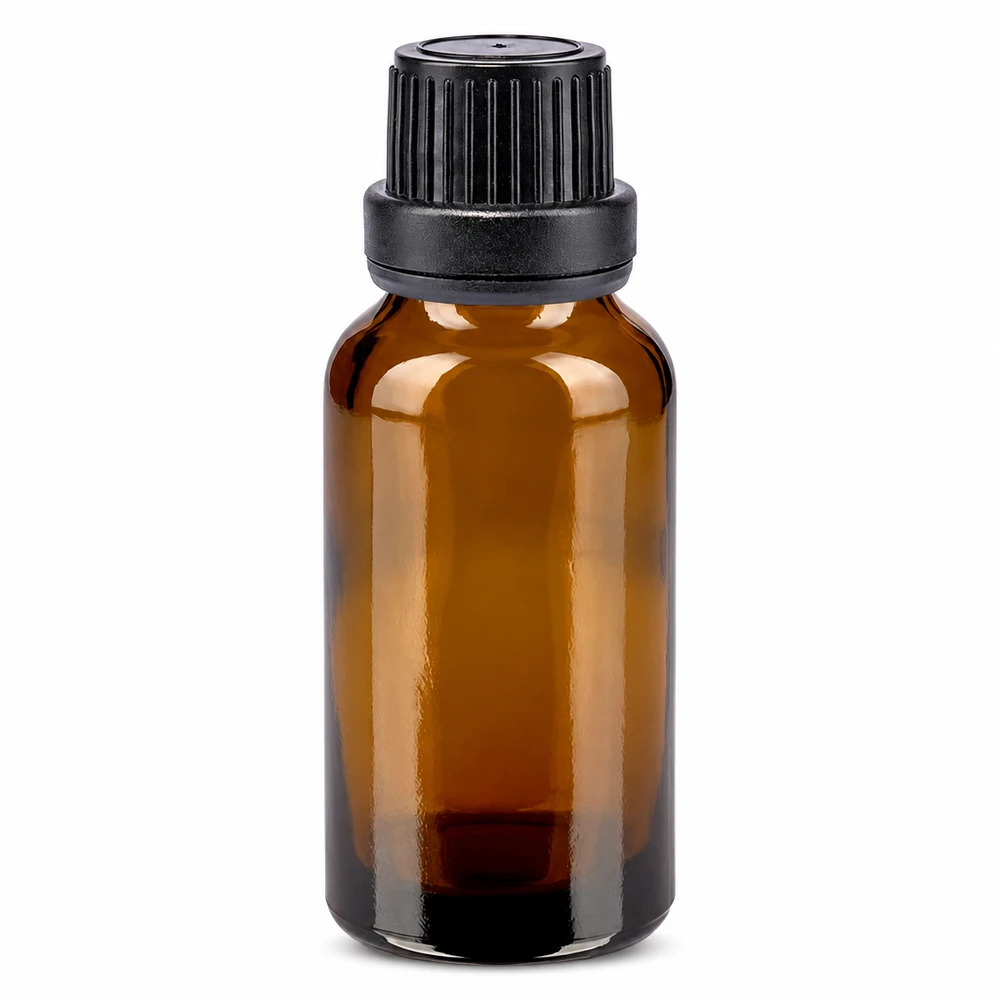 Bruinglasflesje van 20 ml met zwarte druppeldop en UV-bescherming voor etherische oliën