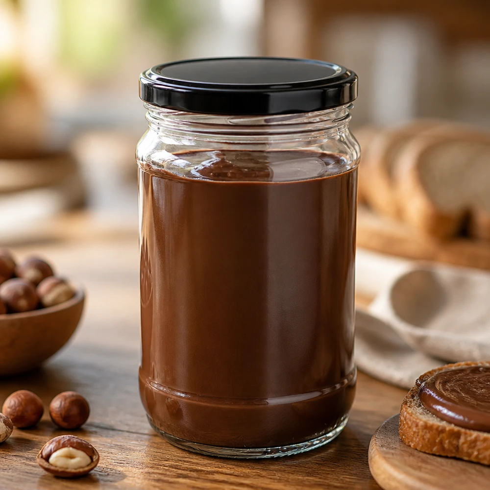 Rond glas van 370 ml + BasicSeal zwart UNiTWIST 370 ml UNiTWIST rond glazen potje voor smeersels met een zwarte BasicSeal-deksel op een houten onderzetter