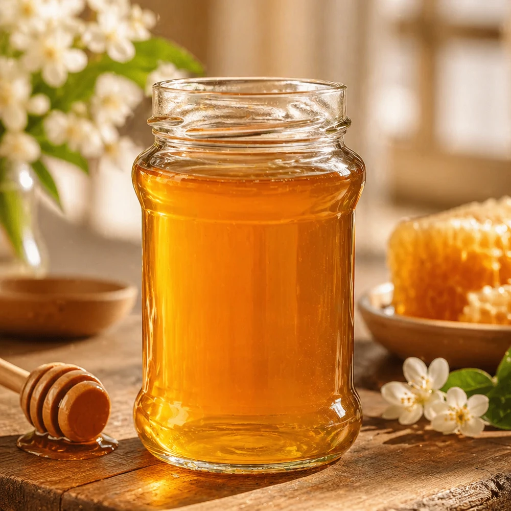Ronde pot 390ml gevuld met goudgele honing op een houten tafel met honinglepel en bloemen UNiTWIST Runda390 TO66deep