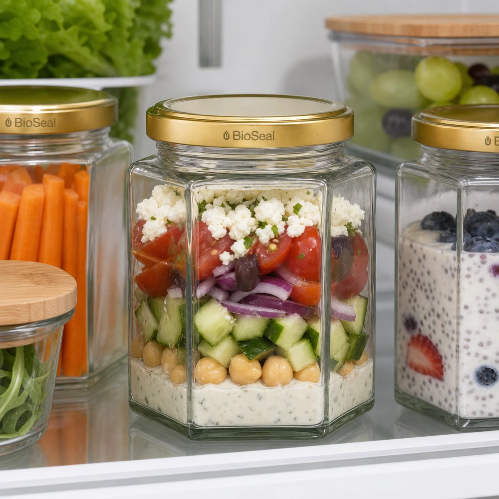 390ml hexaglas met BioSeal deksel goud UNiTWIST UNiTWIST Hexa390 Meal Prep pot met BioSeal deksel voor gelaagde salade in de koelkast te bewaren