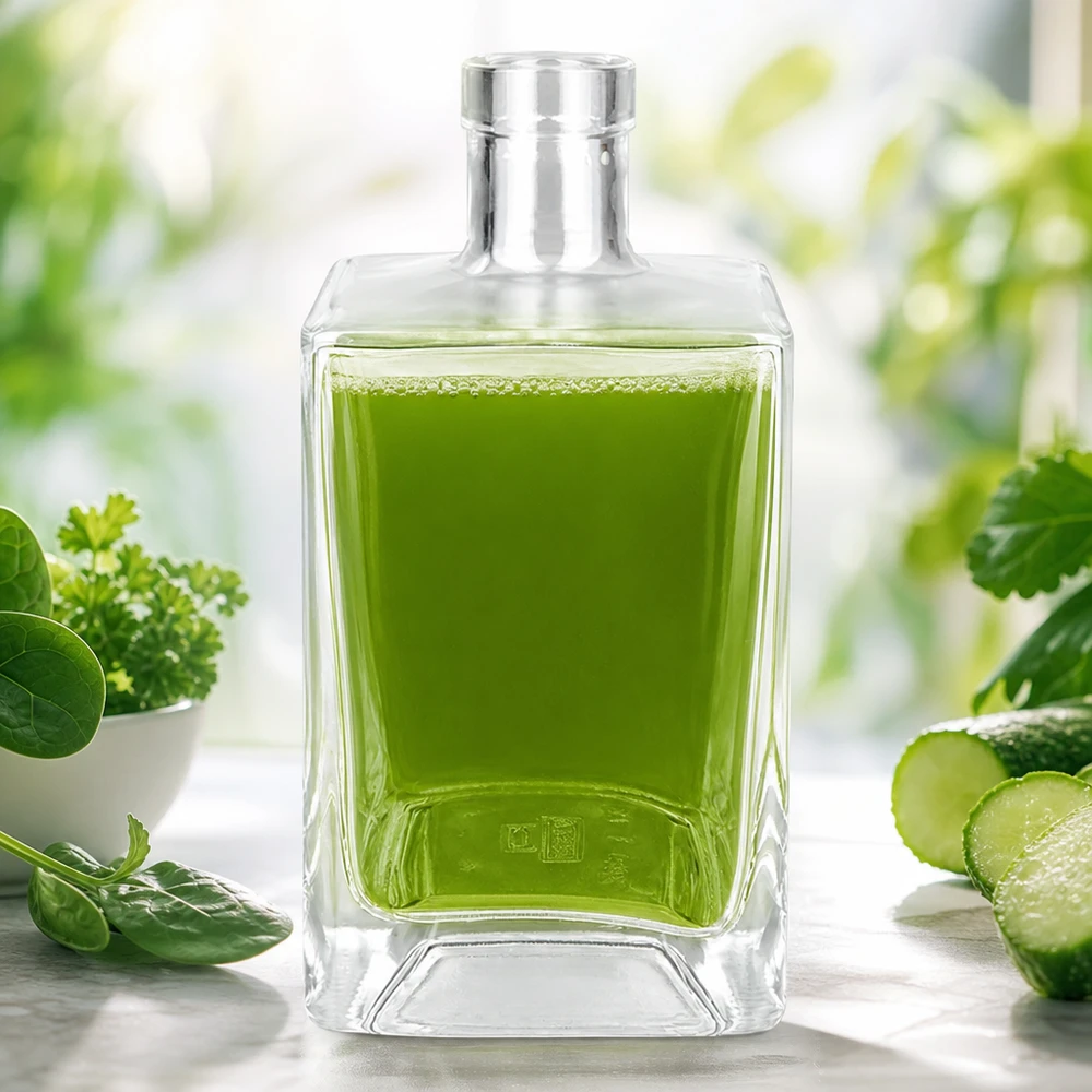 Glazen fles Ben 700ml gevuld met groen sap omringd door verse kruiden komkommer en spinazie als detox smoothie