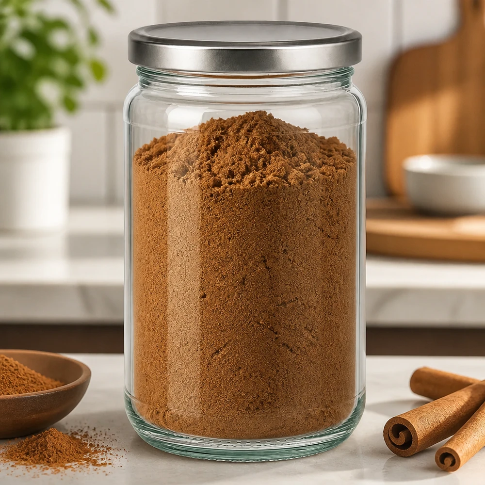 305 ml ronde pot gevuld met cacaopoeder en BasicSeal deksel zilver in een keukensetting met kaneelstokjes