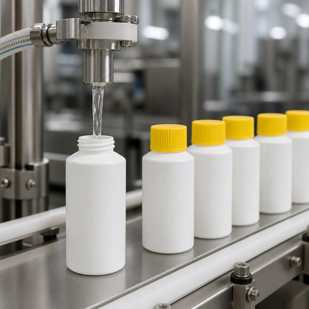 Industriële afvulling van witte HDPE-flesjes van 30 ml met gele doppen op een roestvrijstalen transportband