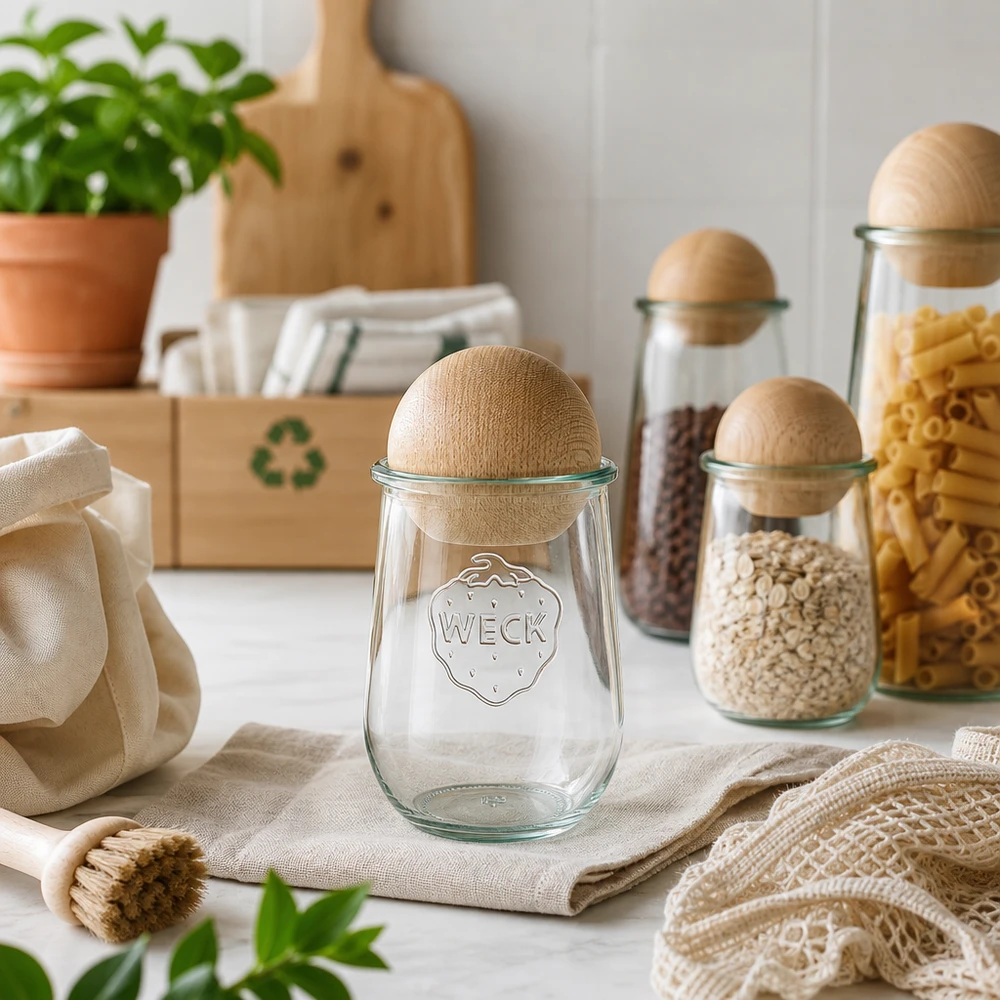 1062ml tulpenglas WECK RR100 met houten bal WECK tulp pot 1062ml RR100 met beuken bal in duurzame zero-waste keuken met gerecycled symbool en natuurlijke materialen
