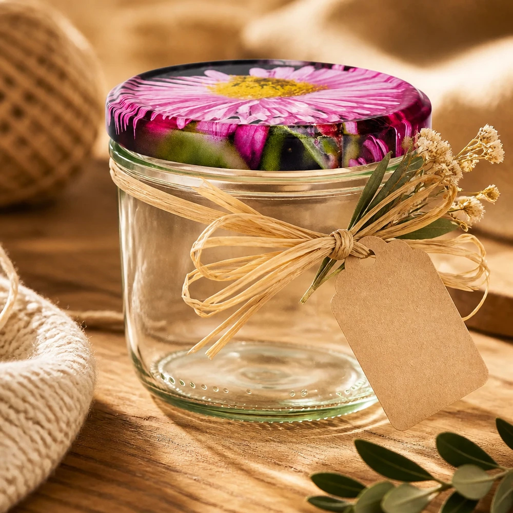 Geschenkverpakking drinkbeker 230ml met BasicSeal bloemendeksel, raffia strik en hanger op een houten basis