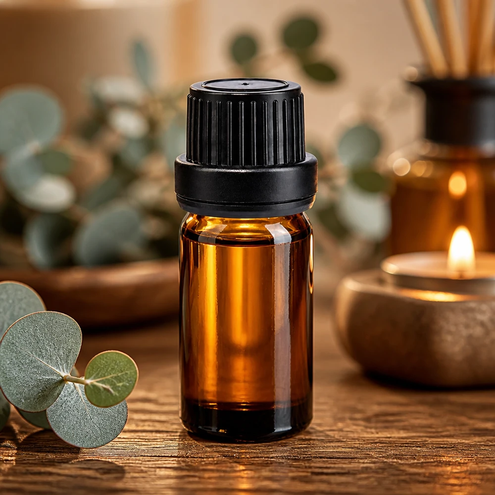 Bruine glazen fles 5ml met zwart schroefsluiting dicht. VR Miniatuurflesje van bruin glas van 5 ml met zwarte druppeldop, ideaal voor natuurlijke cosmetica