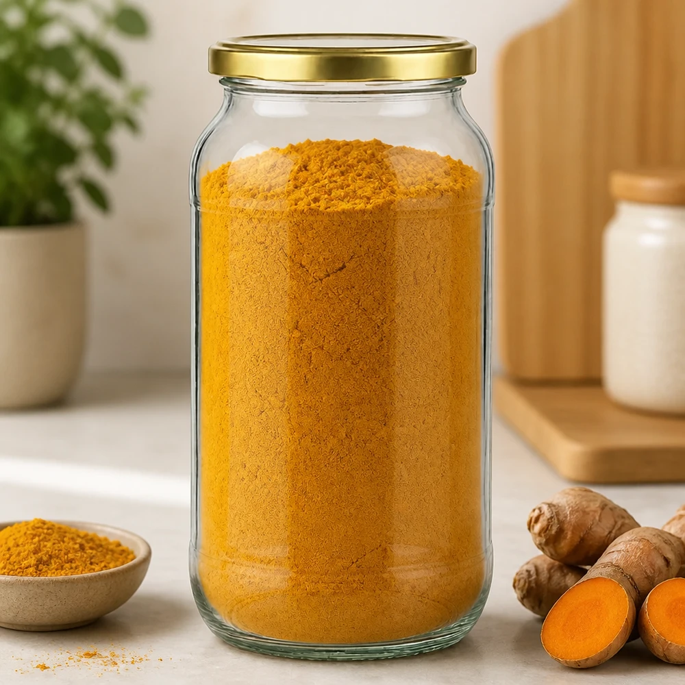 1062ml rond potje met gouden BasicSeal deksel gevuld met kurkumapoeder naast verse kurkumawortel op aanrecht