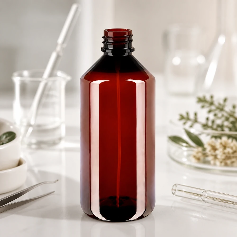 1000 ml PET medicijnfles met verstuiver zwart GCMI 28/410 incl. dop transparant, standaard Geopende PET-fles van 1000 ml, amberkleurig, naast een Erlenmeyer-kolf, een petrischaal en een glazen buis