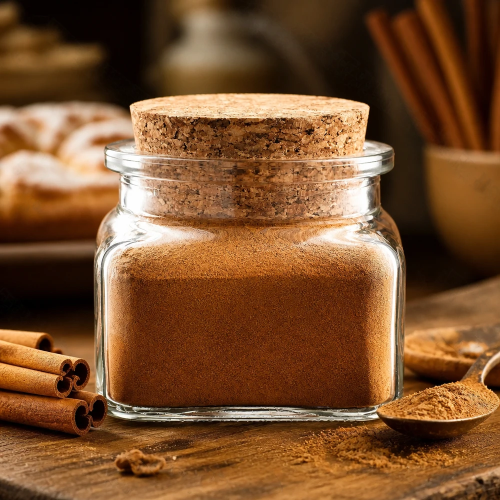 Doorzichtig kruidenpotje met kurken deksel, inhoud 120 ml, kaneelpoeder naast kaneelkoekjes