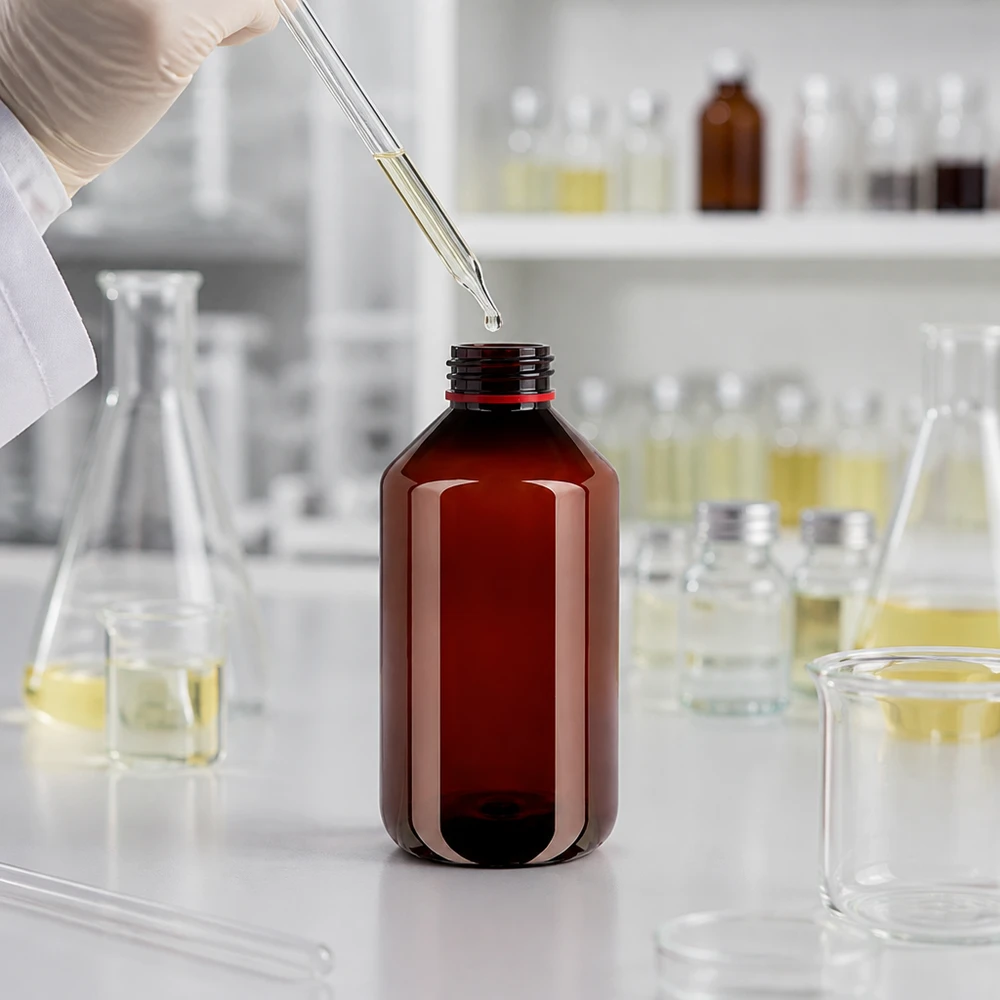 PET-fles 500ml met wit/rode dop OV Fles van een halve liter van bruin PET met een rode veiligheidsdop voor het veilig bewaren van chemicaliën