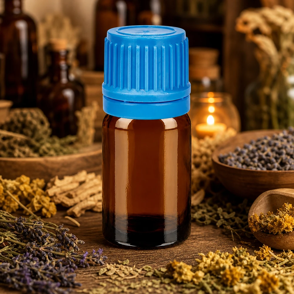 5ml BrownLine glazen flesje met UV-bescherming en blauwe 11mm schroefdop voor aromatherapie