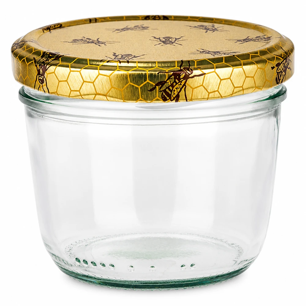 230 ml glazen pot met gouden BasicSeal deksel met honingraatmotief voor honingjam en conserven