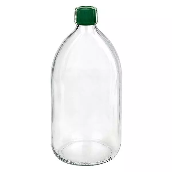 1000ml Euro-medicijnfles helder met groene schroefsluiting VR 1000ml Euro-medicijnfles helder met groene schroefsluiting VR