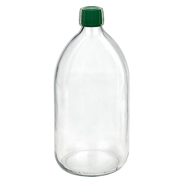1000ml Euro-medicijnfles helder met groene schroefsluiting VR 1000ml Euro-medicijnfles helder met groene schroefsluiting VR