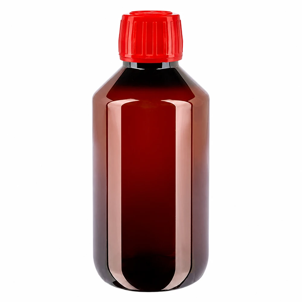 50 ml PET medicijnfles met verstuiver zwart GCMI 28/410 incl. dop transparant, standaard Kleine bruine PET-fles van 200 ml met rode dop, ideaal voor laboratoriumchemicaliën