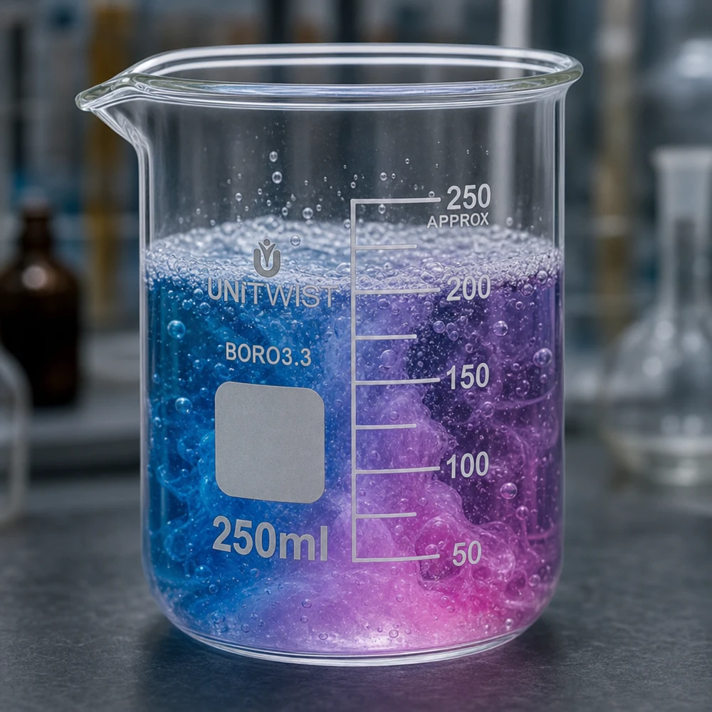 Beker 250ml borosilicaat, lage vorm UNiTWIST Gegradueerde laboratoriumbeker van 250 ml, borosilicaatglas, lage vorm, met paarse indicatoroplossing