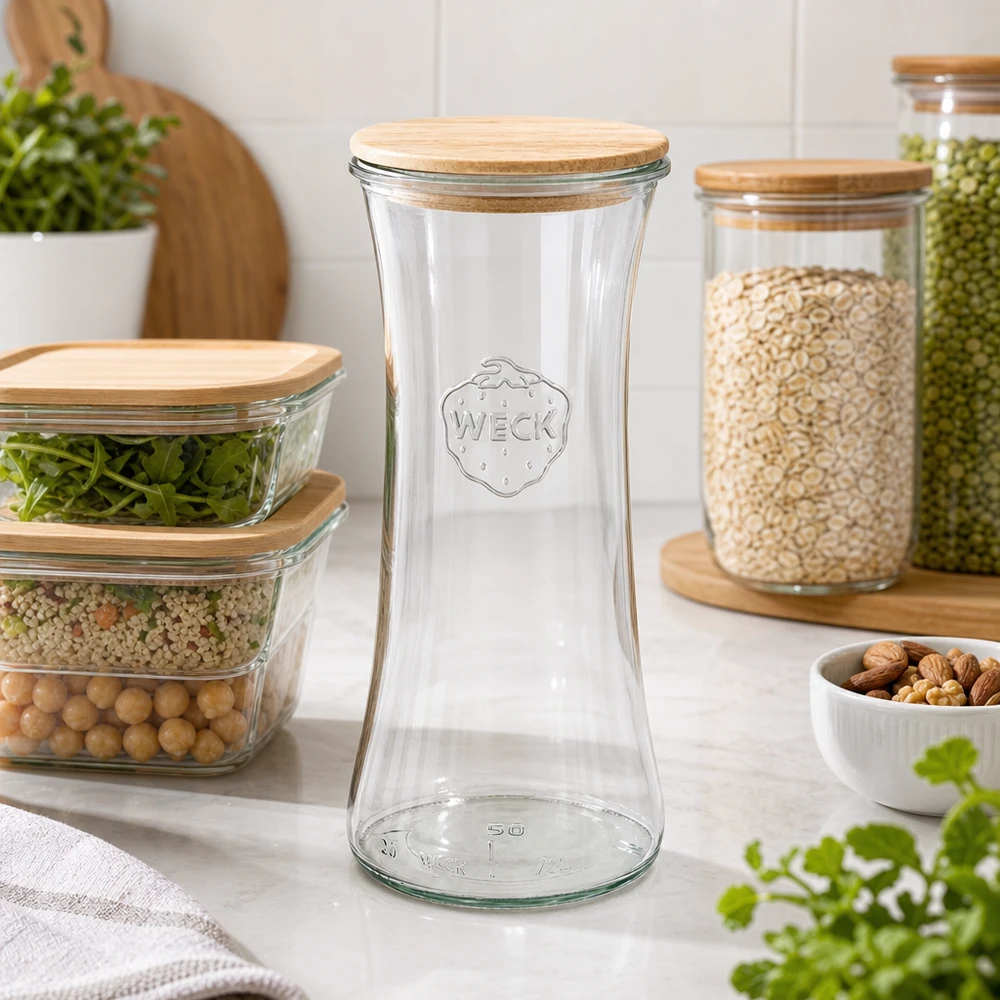 700ml delicatessenglas WECK RR80 met hout deksel WECK delicatessenpot 700ml leeg in moderne keuken met voorraadpotten en georganiseerd bewaren van voedsel