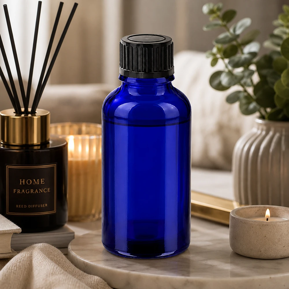 30ml UV-beschermend glazen flesje met robuust zwart deksel voor gevoelige natuurlijke oliën