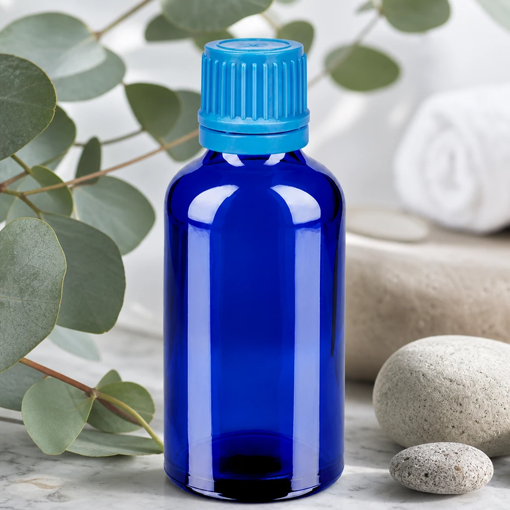 Precies doseerbare glazen fles van 50 ml in blauw met verzegelbare dop voor monsters