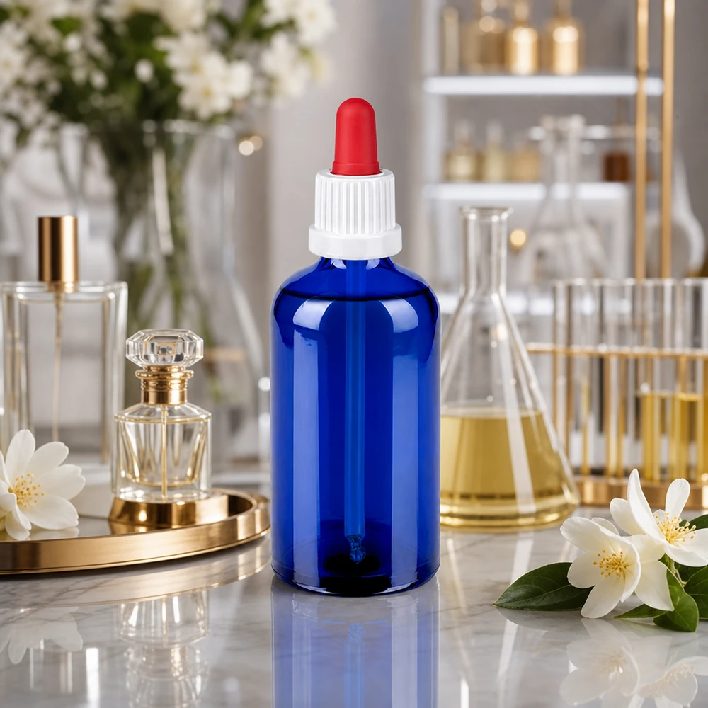 Chemicaliënbestendige glazen fles 100ml in kobaltblauw met lekvrije sluiting