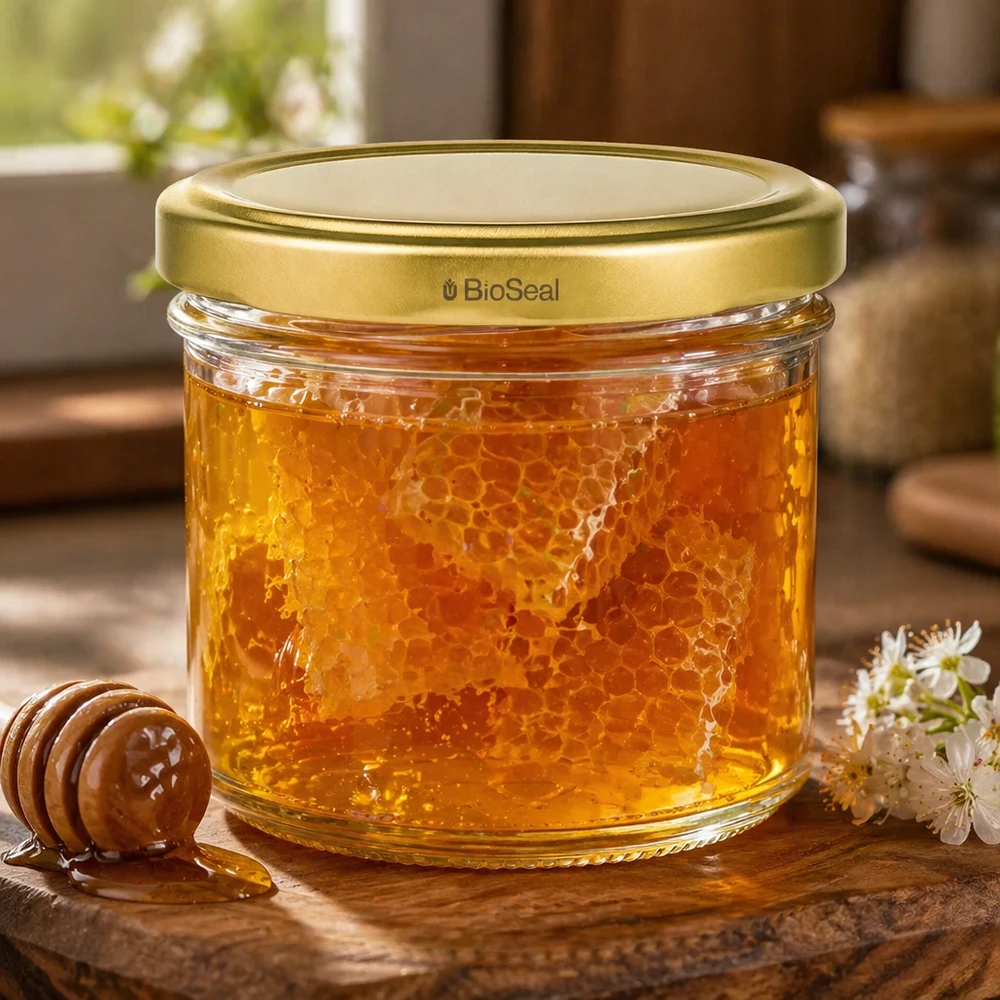 125ml bekers met BioSeal deksel goud UNiTWIST UNiTWIST 125ml honingpot gevuld met honingraat - gouden TO66 deksel op houten basis met bloemdecoratie en honinglepel