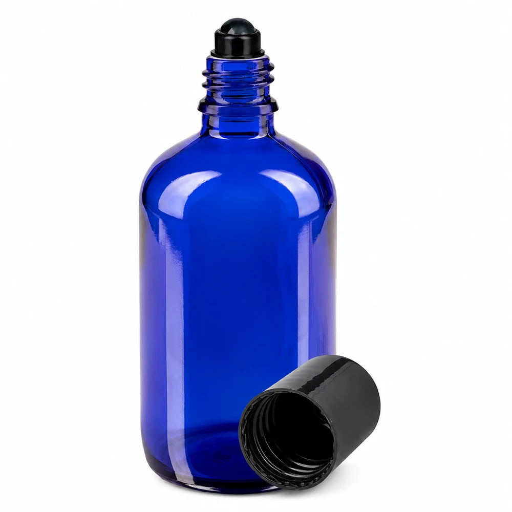 Kobaltblauwe apothekersglasfles van 100 ml met zwarte roll-on-applicator