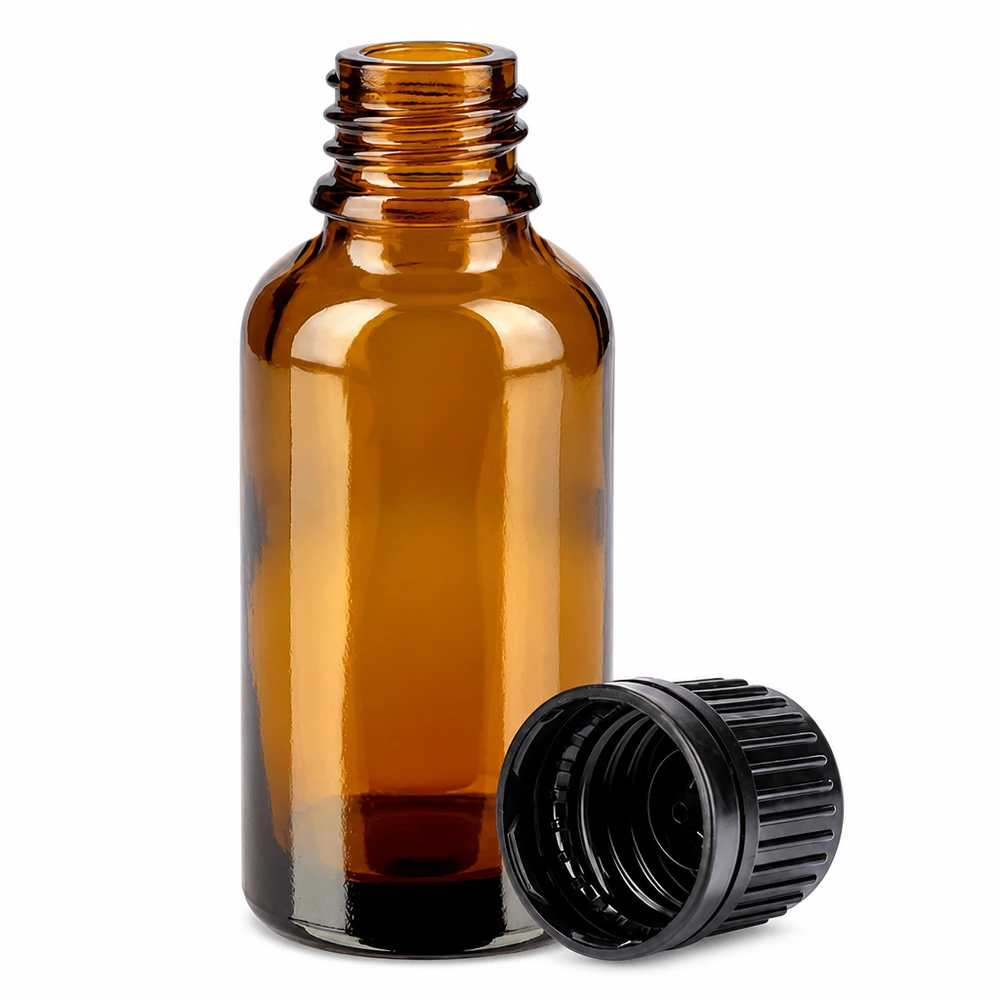 30ml fles 11mm SV zwart OV BrownLine UT18/30 Amberkleurige 30 ml fles met zwarte schroefdop voor farmaceutische toepassingen