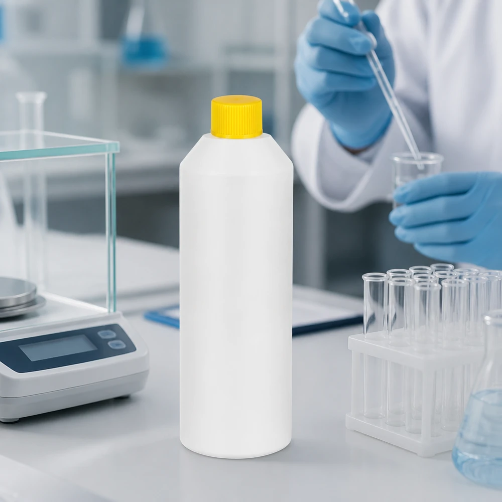 PET cilinderfles 250ml wit met schroefsluiting geel Witte chemische fles van HDPE, 250 ml, met geel SV-label op een laboratoriumweegschaal