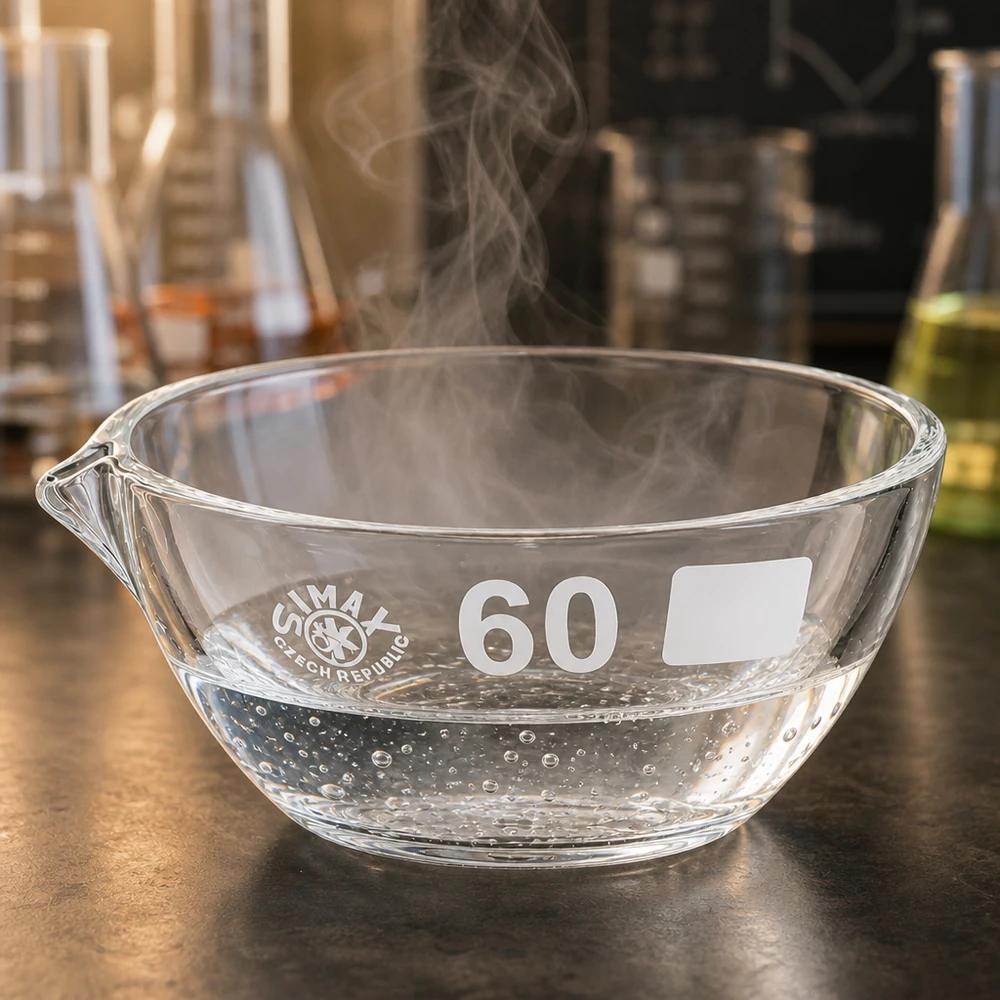 Dampbakje van borosilicaat ø60mm met praktische schenktuit voor veilige vloeistofoverdracht