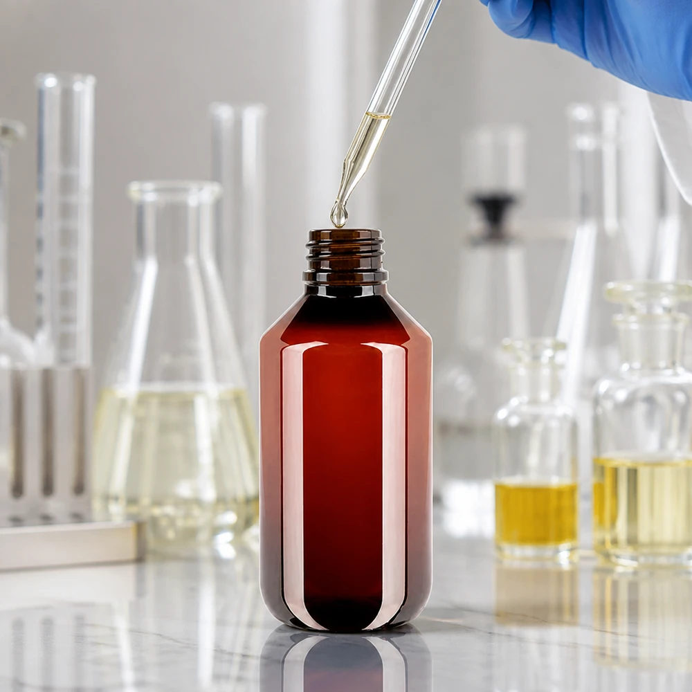 50 ml PET medicijnfles met verstuiver zwart GCMI 28/410 incl. dop transparant, standaard Kompakte PET Flasche 200ml in Braunglas Optik mit OV für Kosmetik und Laboranwendungen