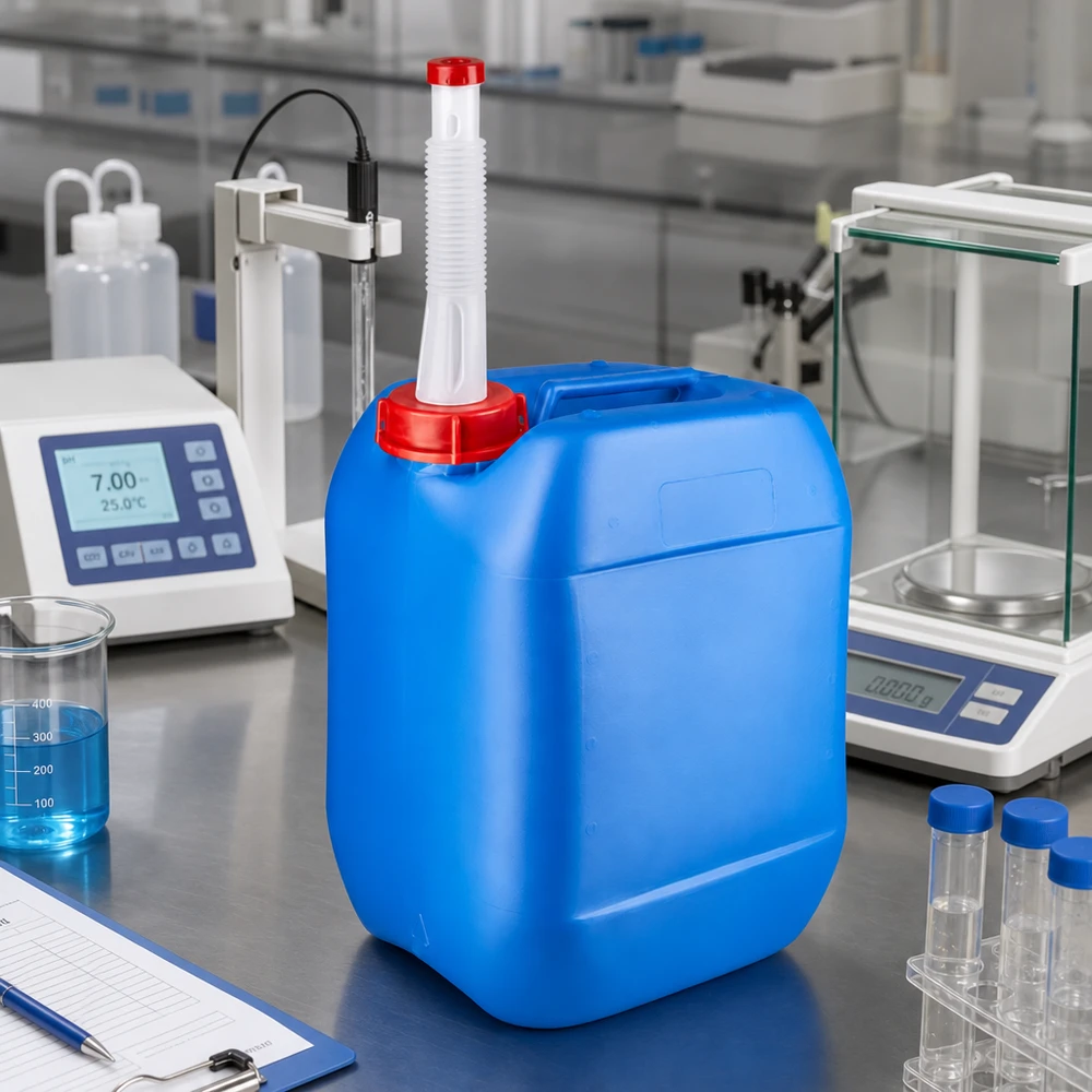 Canister 10 liter blauw met flexibele uitloop Lekvrije blauwe jerrycan van 10 liter met flexibele slang voor chemische laboratoriumvloeistoffen