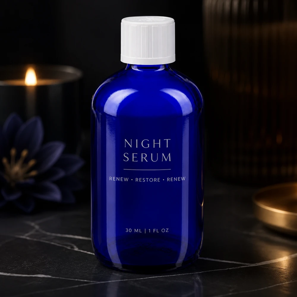 Hoogwaardige blauwe ApoGlas-fles van 100 ml met doseerdruppelaar voor cosmetisch serum