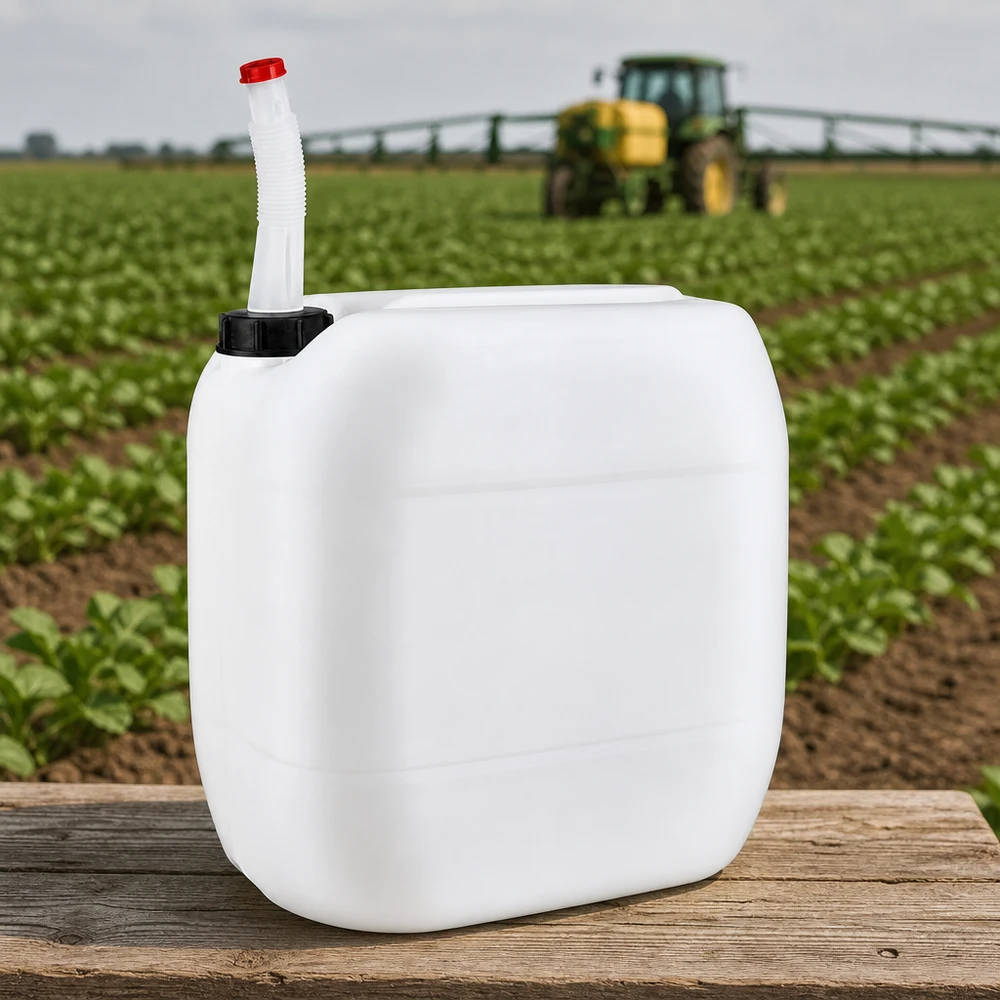 30l Jerrycan, UN-toelating, met aftapkraan flex Robuuste veldjerrycan van 30 liter met rode afsluitdop op een flexibele uitloopbuis voor gebruik op een tractor