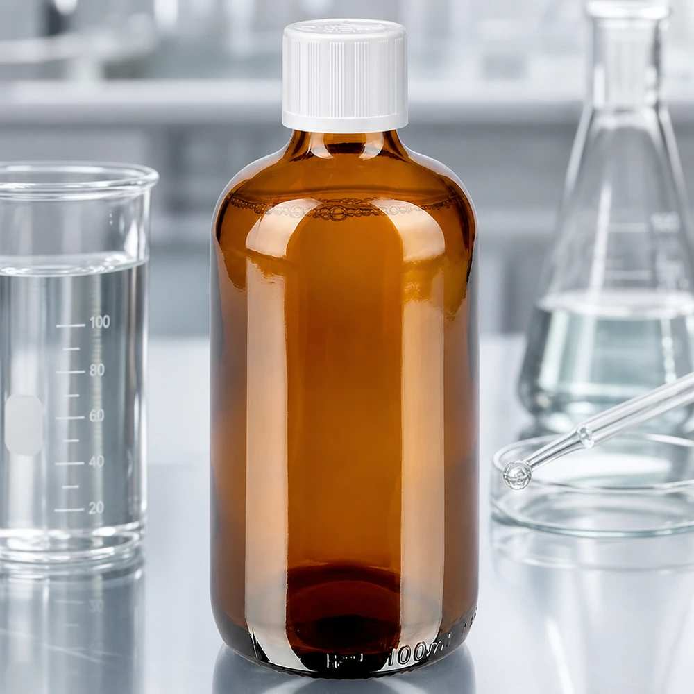 Bruine glazen fles 100ml met wit schroefsluiting kinderslot St Kleine bruine glazen fles van 100 ml met een witte KiSi-dop, naast een Erlenmeyer-kolf en een bekerglas