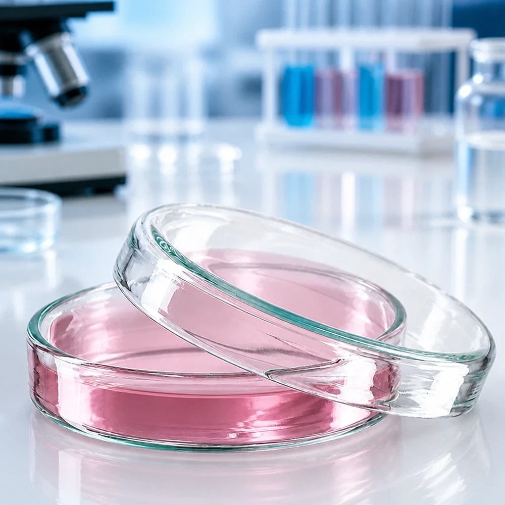 Vlakke, cilindrische glazen petrischalen met een diameter van 60 mm en een hoogte van 15 mm, met roze inhoud, in het laboratorium