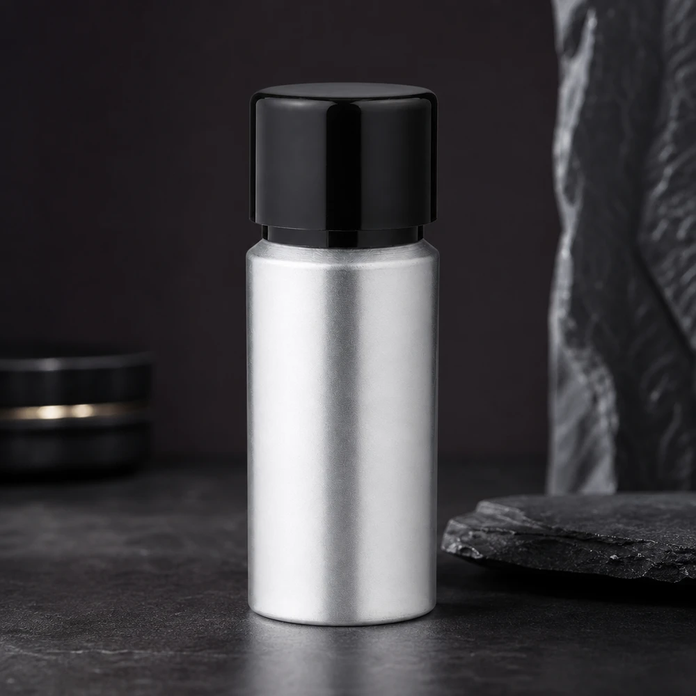 Recyclebaar aluminium flesje van 20 ml met zwarte dop - milieuvriendelijke verpakkingsoplossing