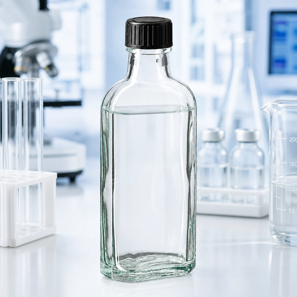 Flesje van 100 ml met platte bodem en een goed sluitende dop, tussen laboratoriumapparatuur (microscoop) en bekerglas