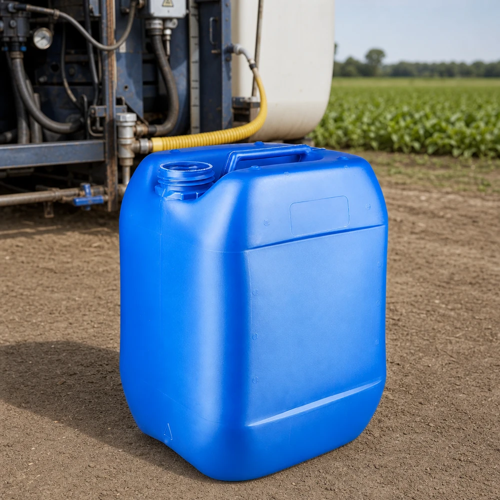 Blauwe jerrycan van 10 liter zonder deksel, gemaakt van HDPE-kunststof, met een geïntegreerd handvat aan de bovenkant