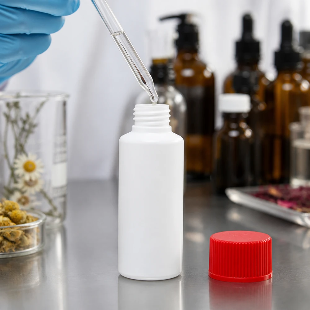 HDPE-flesje van 30 ml in wit met rood voor farmaceutische afvulling in het laboratorium