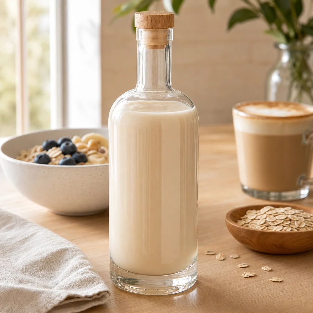 750ml glazen fles Emma met houten kurk gevuld met havermelk naast cornflakeskom en koffiekopje op houten tafel