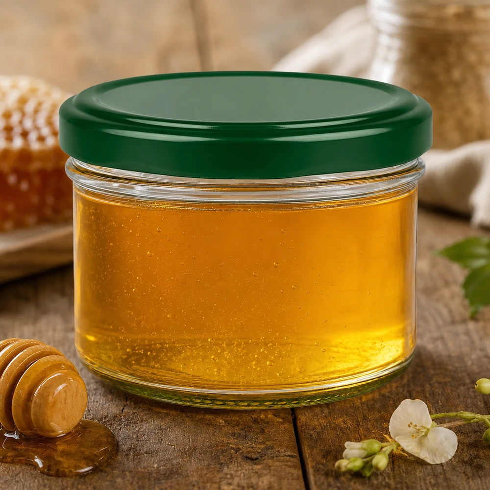 230ml cilindrische pot met BasicSeal deksel groen UNiTWIST 230ml cilinderpot met groen deksel gevuld met gouden honing op rustiek hout met bloemen