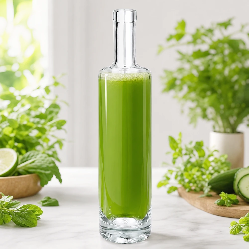 500ml glazen fles van Lina gevuld met groene smoothie tussen verse kruiden en groenten in een natuurlijke keukenscène