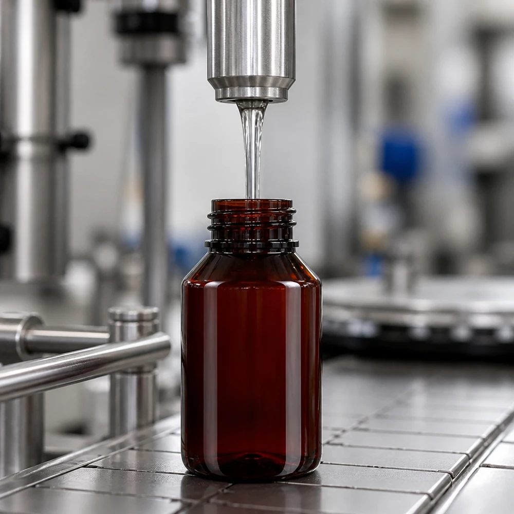 PET-fles 50ml met wit/rode dop OV Bruine vierkante PET-fles van 50 ml met verzegelde dop op het afvulstation in de fabriek