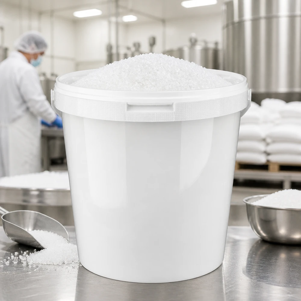 10,7 liter emmer van wit PP plastic met deksel Witte PP-voorraademmer van 10,7 l met deksel voor zoutkristallen en poeder in de levensmiddelenindustrie