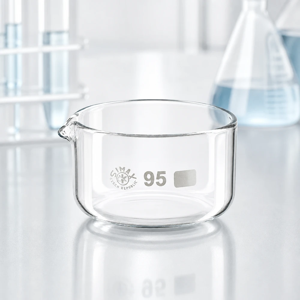 Kristalliseerschaal 300ml met schenktuit Lage glazen schaal van 300 ml voor verdamping en kristallisatie in het laboratorium, ø 95 mm, borosilicaatglas