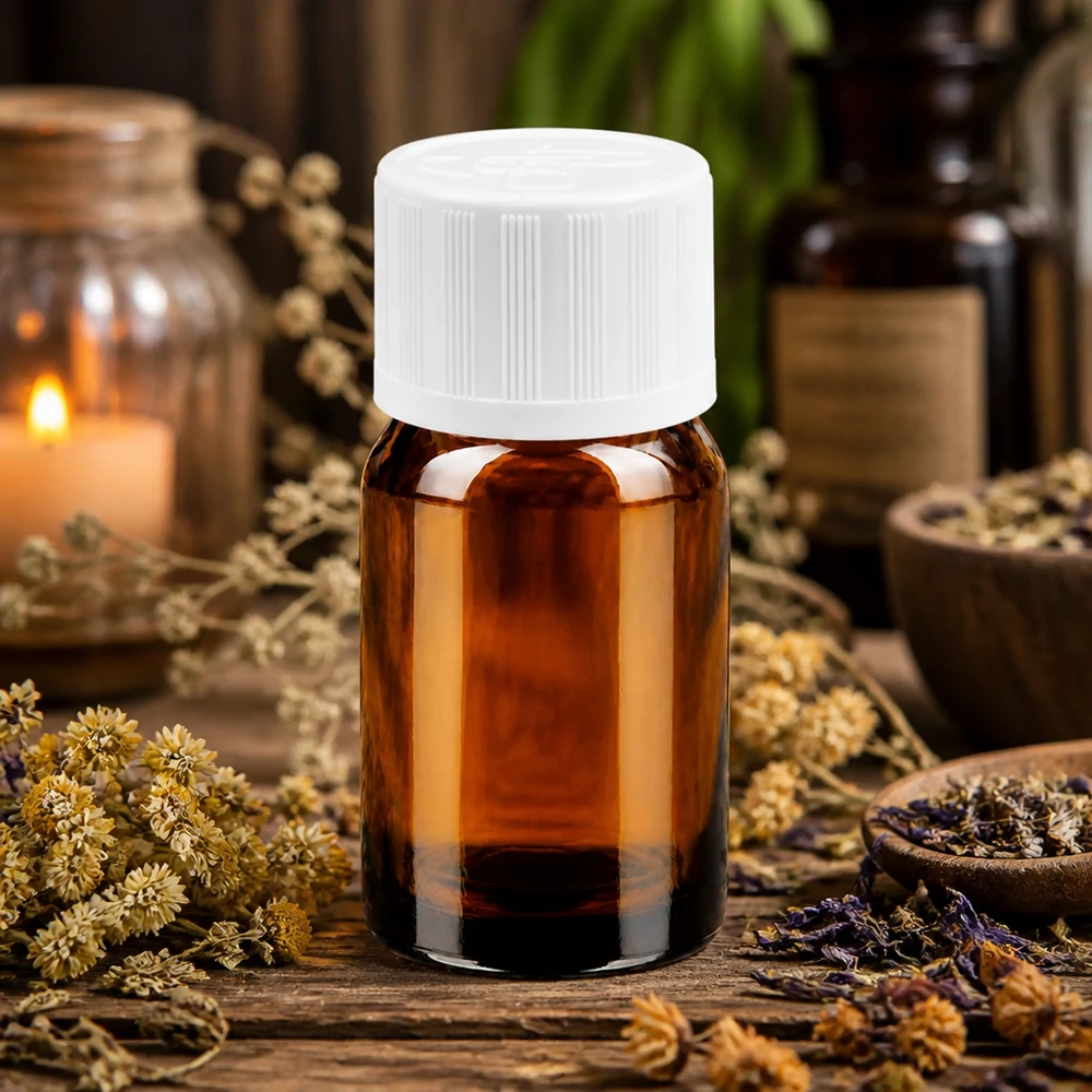 5 ml amberkleurig glazen flesje met kindveilige dop voor het veilig bewaren van aromatherapie-oliën