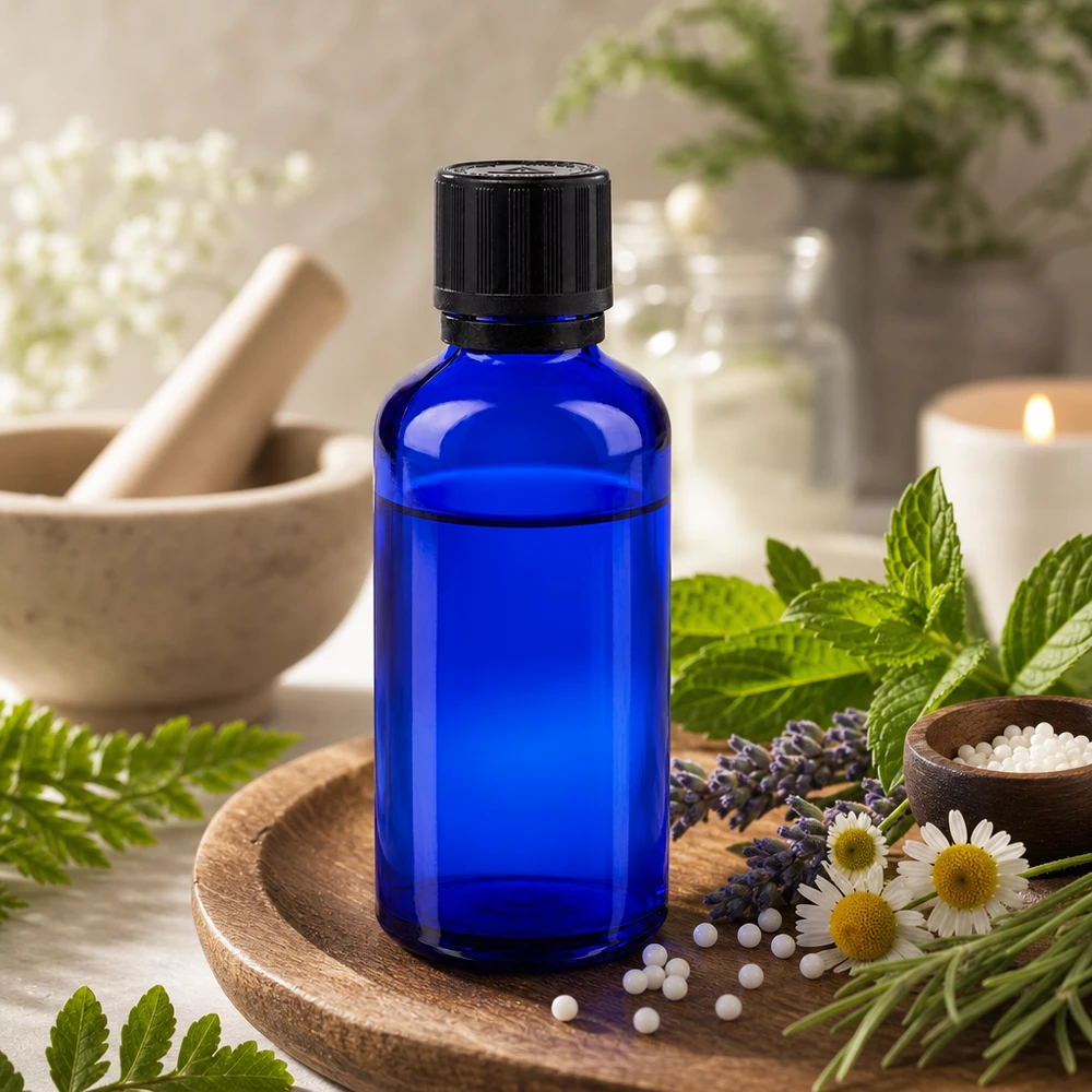Blauwe glazen flessen 20ml met zwart druppelsluiting kinderslot 1mm Bliw VR Blauw medicijnflesje van 50 ml, gemaakt van apothekersglas, met een druppelinzet van 1 mm, in een natuurlijke kruidenomgeving