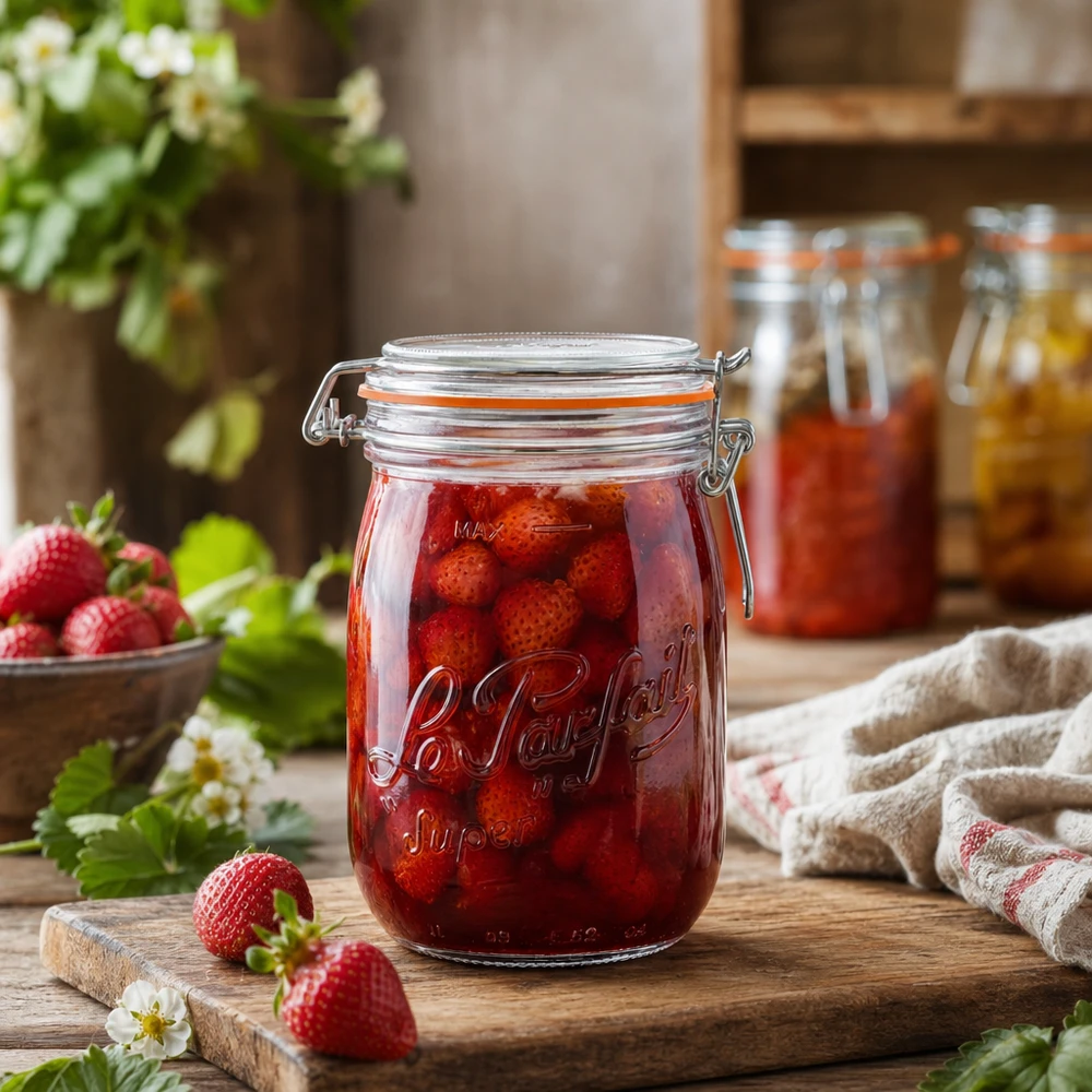 1000ml Le Parfait super voorraadpot met draaidop gevuld met aardbeien op houten plank in rustieke keuken